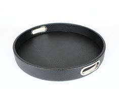 SIGNATURE HOME COLLECTION AP-101-A09-E Plateau Rond en Cuir avec imprimÃ© Croco et poignÃ©es en Acier Inoxydable Surface Lavable Noir H 6 cm 42 x 42 cm