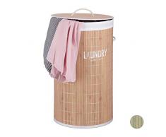 Relaxdays Panier à linge rond pliable couvercle corbeille bambou coffre à linge 50 litres sac à linge 60x35 cm, nature