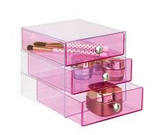 InterDesign Drawers organisateur maquillage, boite de rangement en plastique pour cosmétiques, maquillage, etc., boite tiroir à 3 tiroirs, rose