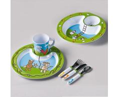 Emsa FARM FAMILY Boîte cadeau set de couverts pour enfants, 6 pièces, 2 assiettes, fourchette, couteau, cuillère et une tasse, décors ludiques