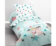 TODAY Happy Monster Dream-Parure HC1 : Housse de Couette 140x200 + 1 Taie dOreiller 100% Coton, (57 Fils), Bleu Ciel/Rose, 140x200 cm