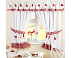 Homespace Direct Rideaux de Cuisine plissés à Motif Floral brodé - Bordure et embrasses à Carreaux Rouges, Polyester, Rouge/Blanc, 66 x 48-inch