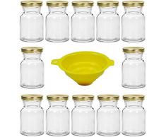 Viva Haushaltswaren Lot de Pots à épices/Bocaux avec Fermeture argentée, Rond Twist Off Verres de Confiture (avec Entonnoir) 150 ML 12 pièces Couvercle doré