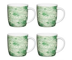 Kitchencraft Fine Palms Tonneau Imprimé botanique de Tasses, 425 ML (Lot de 4), en Porcelaine, Vert/Blanc, 8.9 x 12.4 x 9 cm