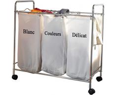 COMPACTOR Panier Ã Linge 3 Bacs, Acier ChromÃ© et Polycoton, Roulettes, 74 x 45.5 x H.75 cm, RAN2594
