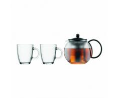 Bodum K1805-01 Théière à Piston Couvercle et Anse en Plastique, Filtre INOX-1.0 l + 2 Mugs en Vrre-0.35 l, Verre, 3 éléments