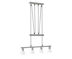 TRIO, Suspension, Carico incl. 4 x LED,G9,3,5 Watt,3000K,300 Lm. Verre, Blanc balayé, Corps: metal, Nickel mat L:74,5cm, L:7,0cm, H:160,0cm IP20,Convient pour variateur externe,Hauteur réglable
