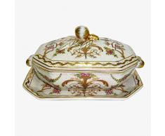 Better & Best P Pot de fleurs en céramique octogonal, avec poignées en bronze, avec couvercle et assiette, décoré avec des motifs floraux, dimensions 20 x 13 x 10 cm