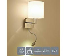 AUROLITE Bianco 1 Support mural avec LED flexible, chrome poli, abat-jour en tissu blanc, 2 interrupteurs à bascule (circulaire avec lampe de lecture)