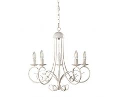 ONLI - Lustre Pompei 5 bras en métal blanc effet vieilli avec abat-jours en tissu blancs