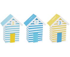 Générique 0633 Cabine de Plage Tirelire, Set de 3 pcs, en Bois, H.15 cm, Bleu, Blanc, Jaune, 11,5 x 5,5 x 15,5 cm