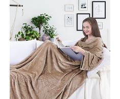 DecoKing 150 x 180 cm Couverture TV en Microfibre - Couverture Douillette avec Manches et Poches, Couverture Polaire Microfibre, Douce, avec Poche pour Les Pieds, Microfibre, Beige, 150 x 180 cm