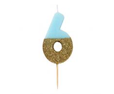 Talking Tables Bday-Candle-BLU Originales Bougie Chiffre 6 | Topper Gâteau Anniversaire | Paillettes Or et Bleu, Multicolor