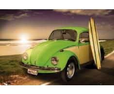 1art1 52998 Poster Voitures Coccinnelle Verte et Planche de Surf à la Plage 91 x 61 cm