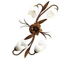 ONLI - Plafonnier ovale 4 lumiÃ¨res en mÃ©tal marron avec nuances dorÃ©es et verres blancs satinÃ©s