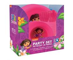 FUN HOUSE 005218 Dora Set Pique Nique OU Anniversaire 30 Pieces Contenant 6 Assiettes Ã 20 cm, 6 Bols Ã 13 cm, 6 Verres 250 ML, 6 fourchettes et 6 cuillÃ¨res, PP, Rose, 20 x 12 x 20 cm