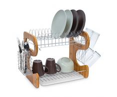 Relaxdays Ãgouttoir à vaisselle 2 étages en bambou Porte-couverts Bac de récupération crochets pour tasses et assiettes en métal HxlxP: 35 x 51 x 26,5 cm, nature