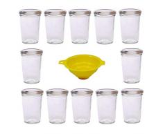 Viva Haushaltswaren Lot de 12 Pots à Confiture avec Couvercle Argenté 150 ML + Entonnoir pour confitures chutneys Pâtes etc, y Compris Jaune