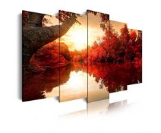 Dekoarte 192 - Tableau moderne sur toile montÃ© sur cadre en bois 5 piÃ¨ces, nature lac avec coucher de soleil et arbres rouges, 150x80cm