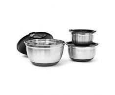 Relaxdays Bol en acier inoxydable lot de 3 avec couvercle et fond anti-glissement Saladier plat creux bol mélangeur protection arômes et saveurs, noir-argenté - Diamètre 17,5 / 21 / 25,5 cm