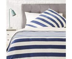 AmazonBasics Parure de lit en jersey, larges rayures - 140 x 200 cm / 65 x 65 cm, Bleu marine