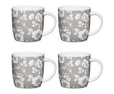 Kitchencraft Fine Floral Flower-Patterned Corps Tasses, 425Â ML-Grey/Blanc (Lot de 4), en Porcelaine, Gris/Blanc, 8.9Â x 12.4Â x 9Â cm