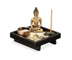 Relaxdays Statue de Bouddha de Jardin Zen avec Galets, Sable, bâtonnet, Bougie Chauffe-Plat, décoration Feng Shui, Bois, Plastique, Pierre, 1 pièce