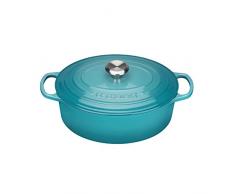 Le Creuset, Cocotte Signature en Fonte Ãmaillée avec Couvercle, à 25 cm, Ovale, Compatible avec Toutes Sources de Chaleur (Induction Incluse), Capacité : 3.2 L, 3.672 kg, Bleu Caraïbes