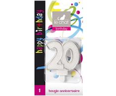 Le Chat 1196320 Bougie NOMBRE anniversaire blanc pailletÃ© avec tour argent - 20 ans