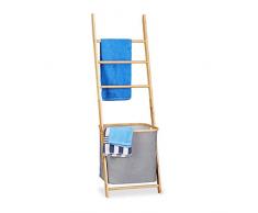 Relaxdays Porte-serviettes bambou panier à linge échelle à poser barreaux sac à linge HxlxP: 139 x 43,5 x 33cm, nature