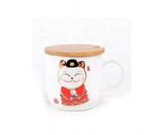 lachineuse Tasse Style Japonais Maneki Neko - CuillÃ¨re et Couvercle en Bois