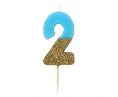 Talking Tables Bday-Candle-BLU Originales Bougie Chiffre 2 | Topper Gâteau Anniversaire | Paillettes Or et Bleu, Multicolor