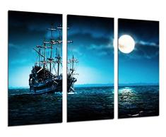 Tableau Moderne Photographique, Impression sur bois, Voilier antique, caravelle, guerre, mer au coucher du soleil, 97 x 62 cm, ref. 26445