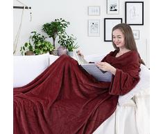 DecoKing 150 x 180 cm Couverture TV en Microfibre - Couverture Douillette avec Manches et Poches, Couverture Polaire Microfibre, Douce, avec Poche pour Les Pieds, Microfibre, Bordeaux, 150 x 180 cm
