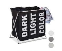 Relaxdays Panier 3 compartiments 90 litres corbeille bac sac a linge cadre pliable pliant, noir, Polyester, 58 x 61,5 x 37 cm