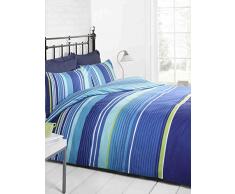 Signature Parure de lit avec Housse de Couette et 2 taie doreiller Parure de lit à Rayures, Bleu Marine/Bleu Clair/Vert/Blanc, King