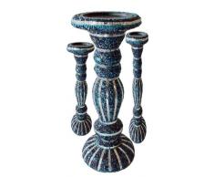 MG DÃCOR Lot de 3 bougeoirs piliers en Bois avec Rayures réfléchissantes Bleu Paon