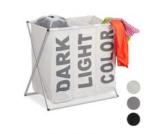 Relaxdays Panier 3 compartiments 90 litres corbeille bac sac a linge cadre pliable pliant, blanc, Polyester, 58 x 61,5 x 37 cm