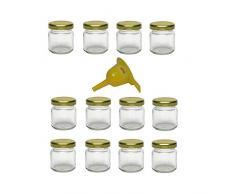 Viva Haushaltswaren G1010053/X Lot de 12 Petits Pots de Confiture avec Couvercle doré 53 ML + Entonnoir