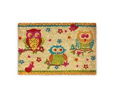 Relaxdays Paillasson Tapis dentrée en fibre de coco avec motif 3 hiboux chouettes 60 x 40 cm dessous antidérapant PVC caoutchouc tapis de sol plancher accueil intérieur extérieur, coloré