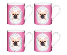 Kitchencraft Fine Dog pour Enfant Imprimé Animal Tasses, 250 ML (Lot de 4), en Porcelaine, Blanc/Rose, 10.5 x 7.5 x 8.5 cm