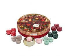 Coffret cadeau Yankee Candle comportant 18 bougies chauffe-plat parfumées et 1 photophore doré en céramique, emballage festif avec couronne