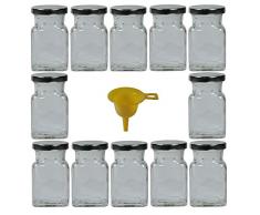 Viva haushaltswaren lot de 12 pots à confiture 150 mL/locaux carrés en verre avec couvercles à vis argenté + entonnoir jaune