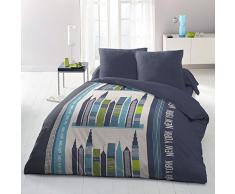 HOME LINGE PASSION Parure de Couette 3 Pièces 220x240 cm, Building, Microfibre, Blanc-Bleu