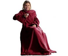 CelinaTex TV Decke Couverture avec Manches Poches Poche Pieds Polaire Velours Microfibre 170 x 200 cm Bordeaux