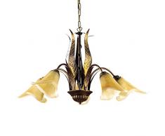 ONLI - Lustre 5 bras en métal marron avec nuances dorées et verres ambre