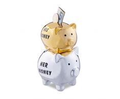 Relaxdays 10023748 Tirelire Couples His & Her Money 2 cochons Original Mariage, Argent doré, Céramique, Or, 15 x 10 x 8 cm