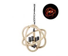 Relaxdays 10028392 Lampe à suspension, design couronne, retro, salle à manger, E14 plafonnier corde H x D 130 x 36 cm,noir, métal, lin, 1 élément