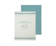 Premier Housewares Country Kitchen ThÃ© Serviettes, Blanc/Bleu Sarcelle, Lot de 2