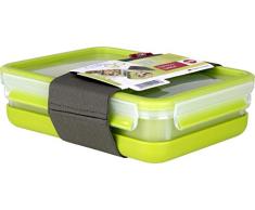 Emsa BoÃ®te Ã Repas, 3 Compartiments Pratiques, Couvercle, Assiette SÃ©parÃ©e et Bande Ãlastique, Volume : 1,2 Litres, Transparent/Vert, Clip & Go, 518098